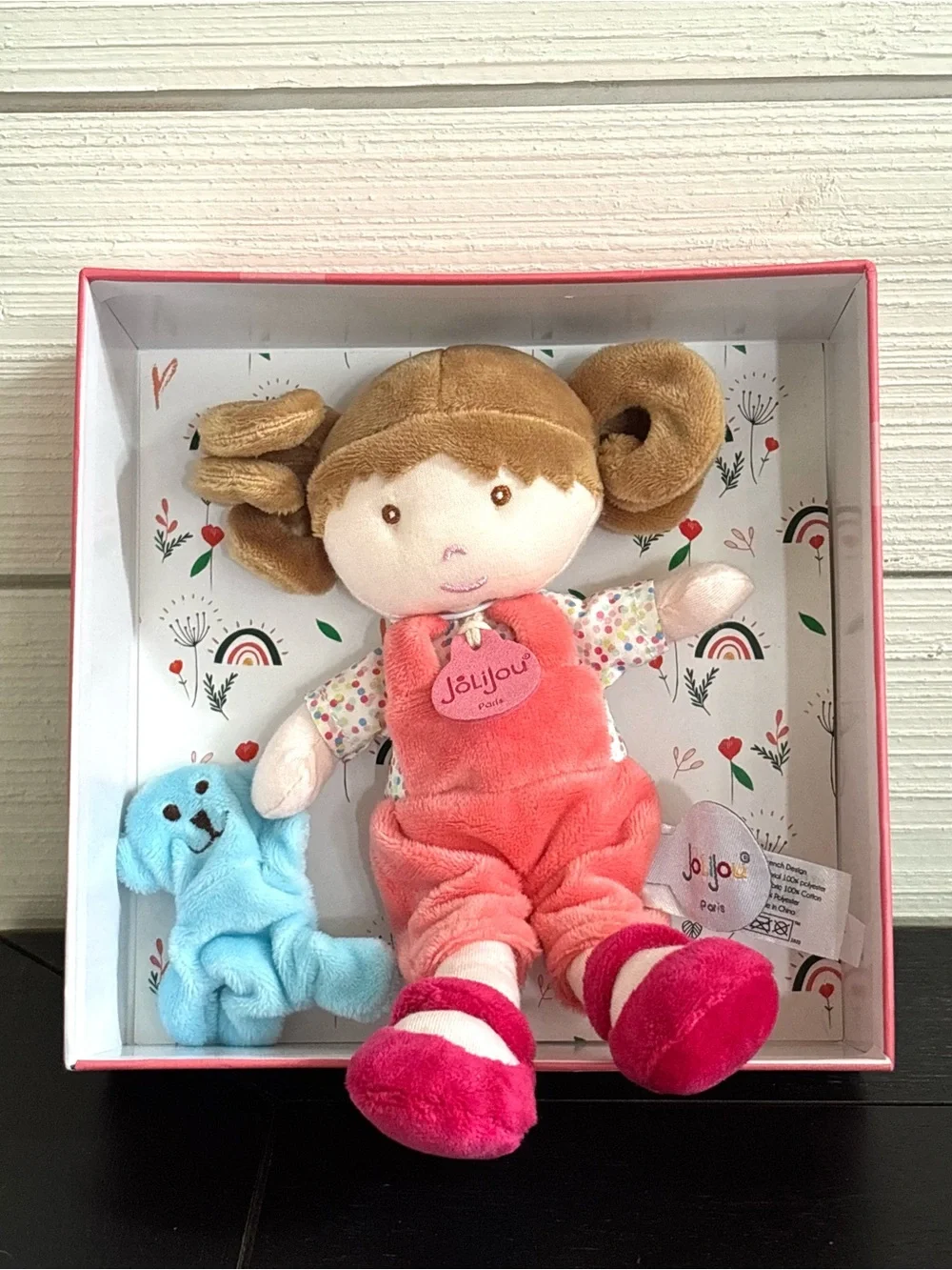 Jolijou Paris Soft My First Doll Pink Overall Brown Eyes & Pigtail Blue Bear NEW